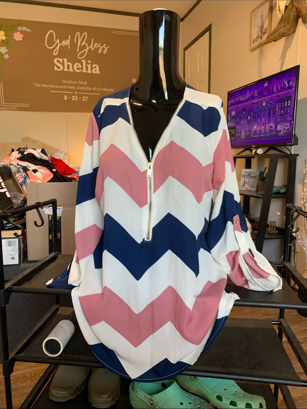 #118 Rue21 Chevron Half-Zip Tunic in Pink, Navy & White
